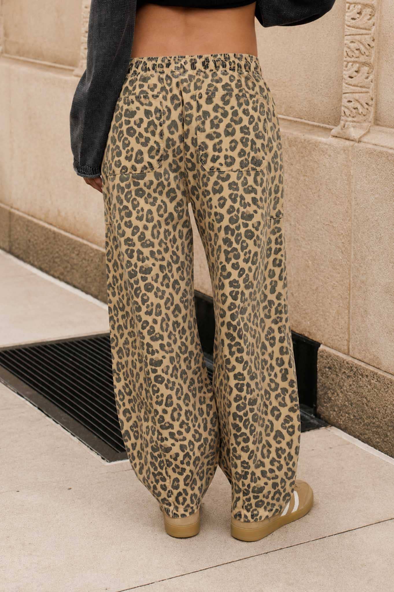 Leopard Print Drawstring Barrel Pants