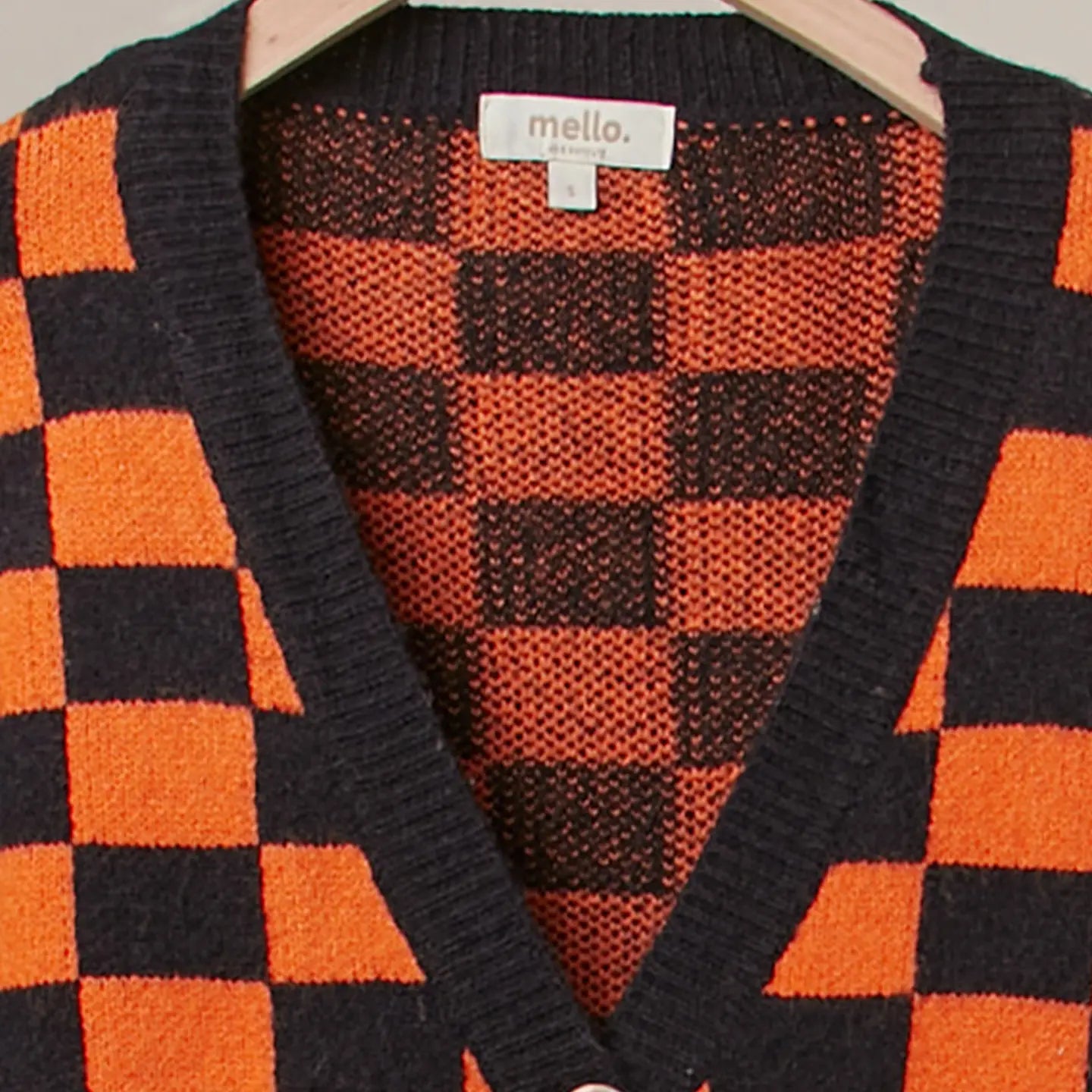 Checkerboard V-Neck Cardigan with Reaper Patch- COMNG SOON