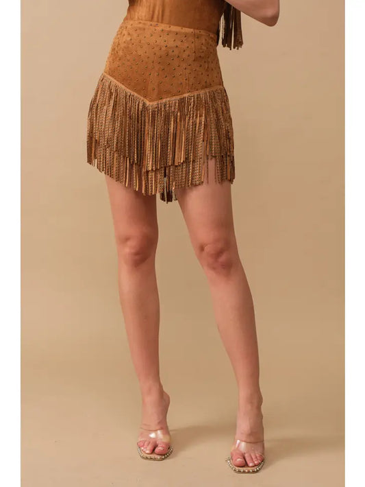 Faux Suede Studded Handkerchief Hem Tiered Skirt