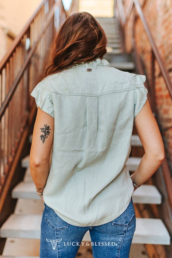 Curvy Mint Concho Button Down Ruffle Vintage Shirt - L&B