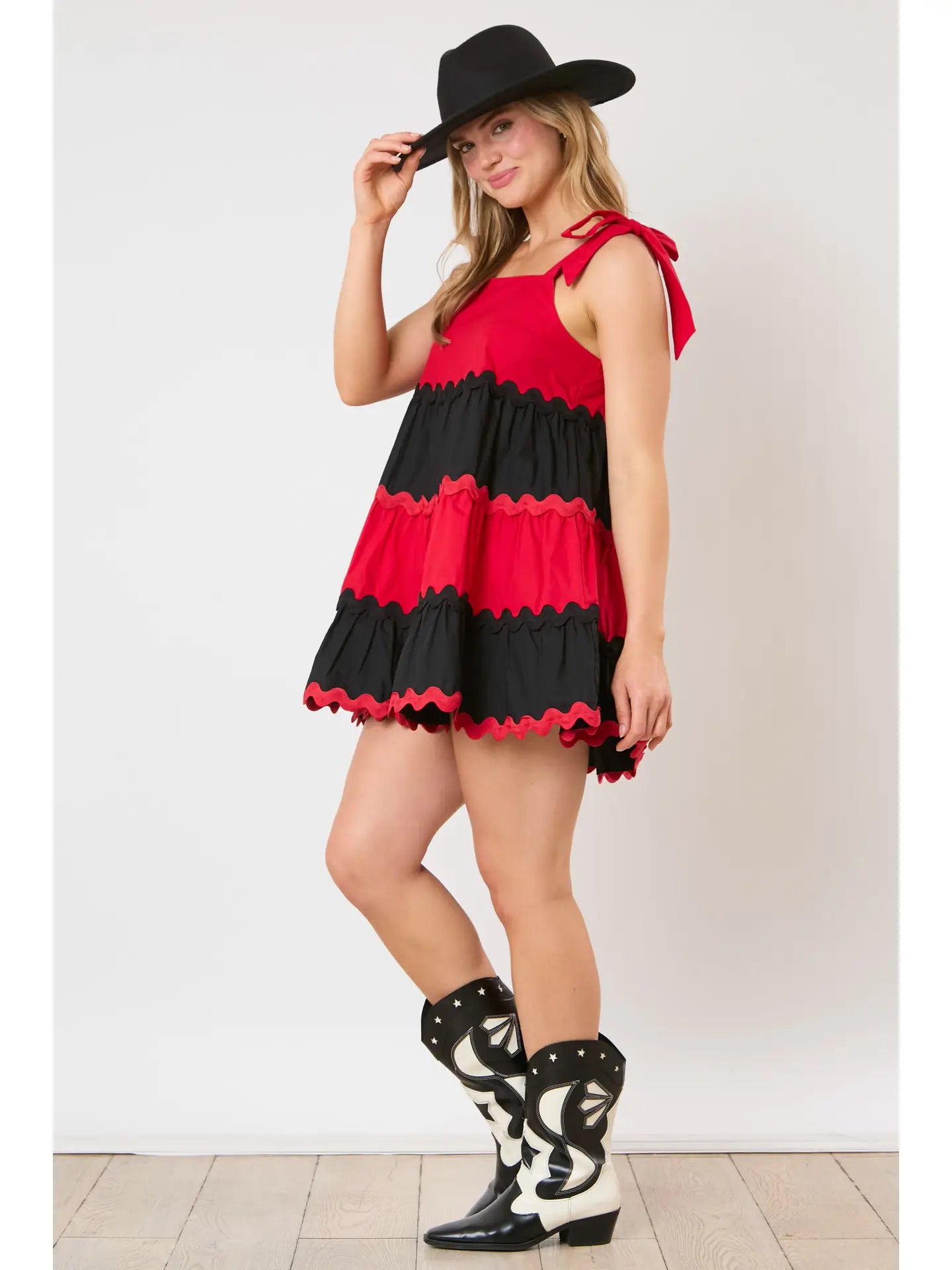 Shoulder Tie Mini Dress - Black Red Color Block Game Day