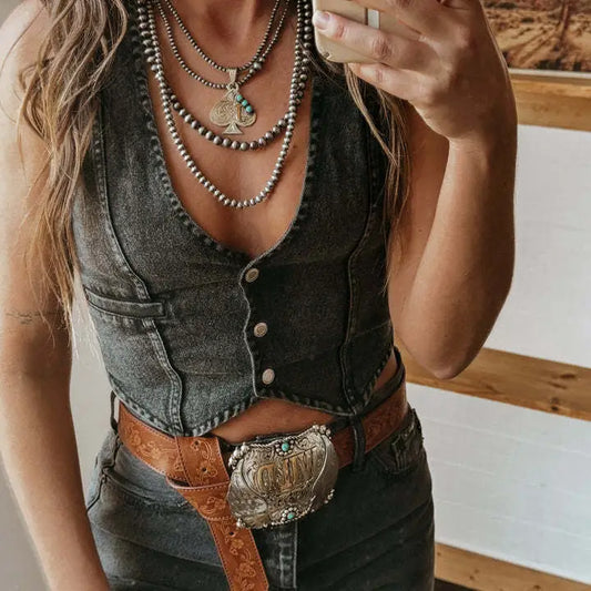 Hottie Denim Sleeveless V Neck Crop
