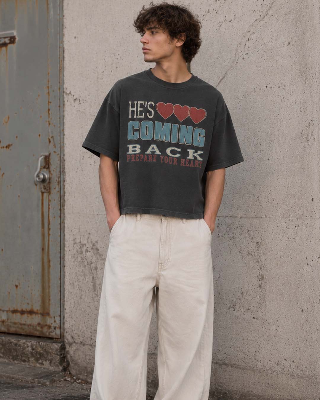 "He's Coming Back" Crop Tee - Vintage Black
