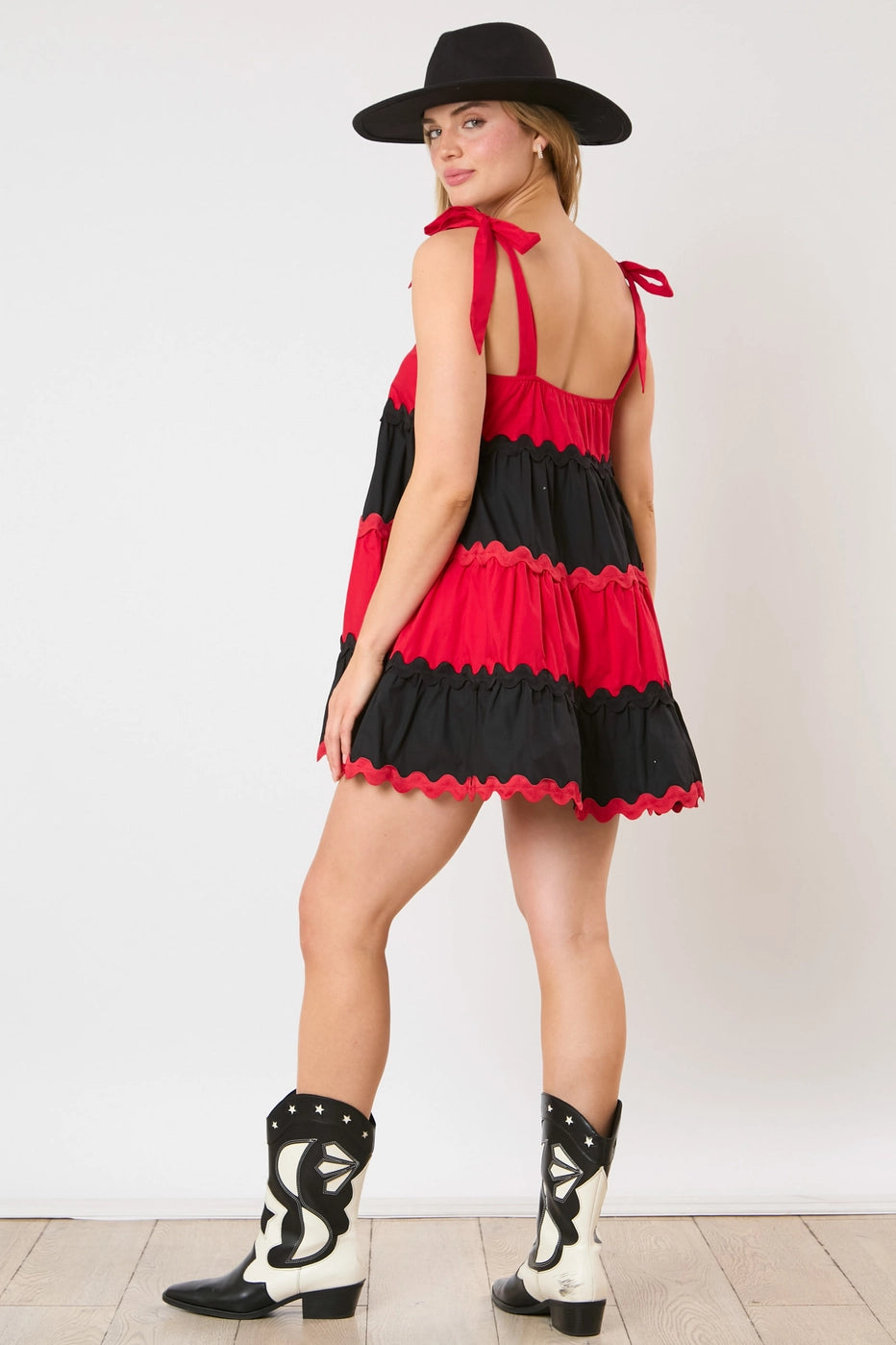 Shoulder Tie Mini Dress - Black Red Color Block Game Day