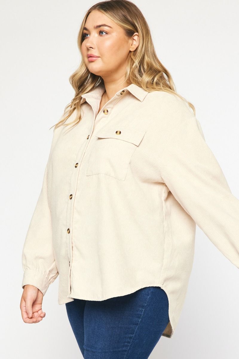 Solid Corduroy Long Sleeve Shacket - Curvy