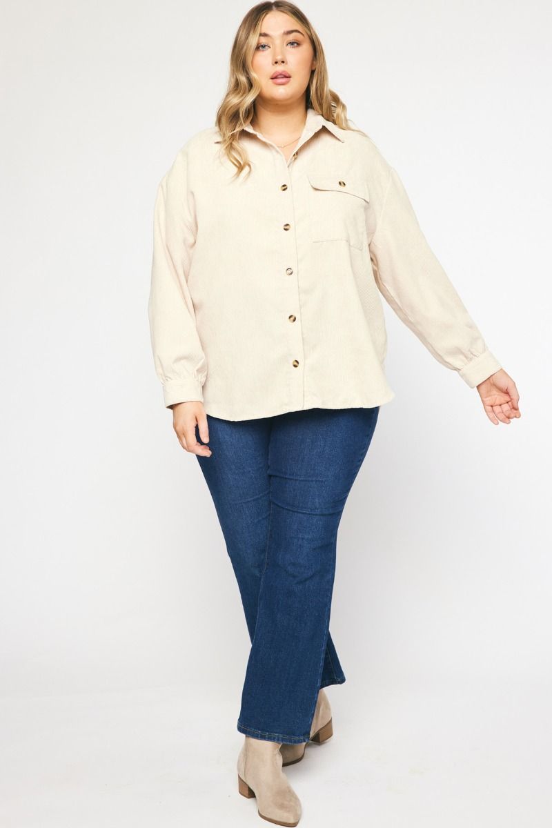 Solid Corduroy Long Sleeve Shacket - Curvy
