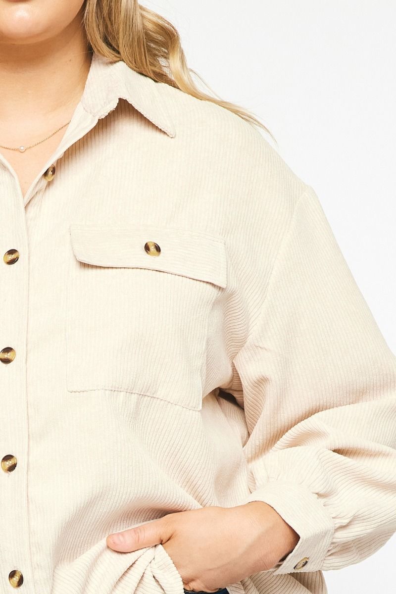 Solid Corduroy Long Sleeve Shacket - Curvy