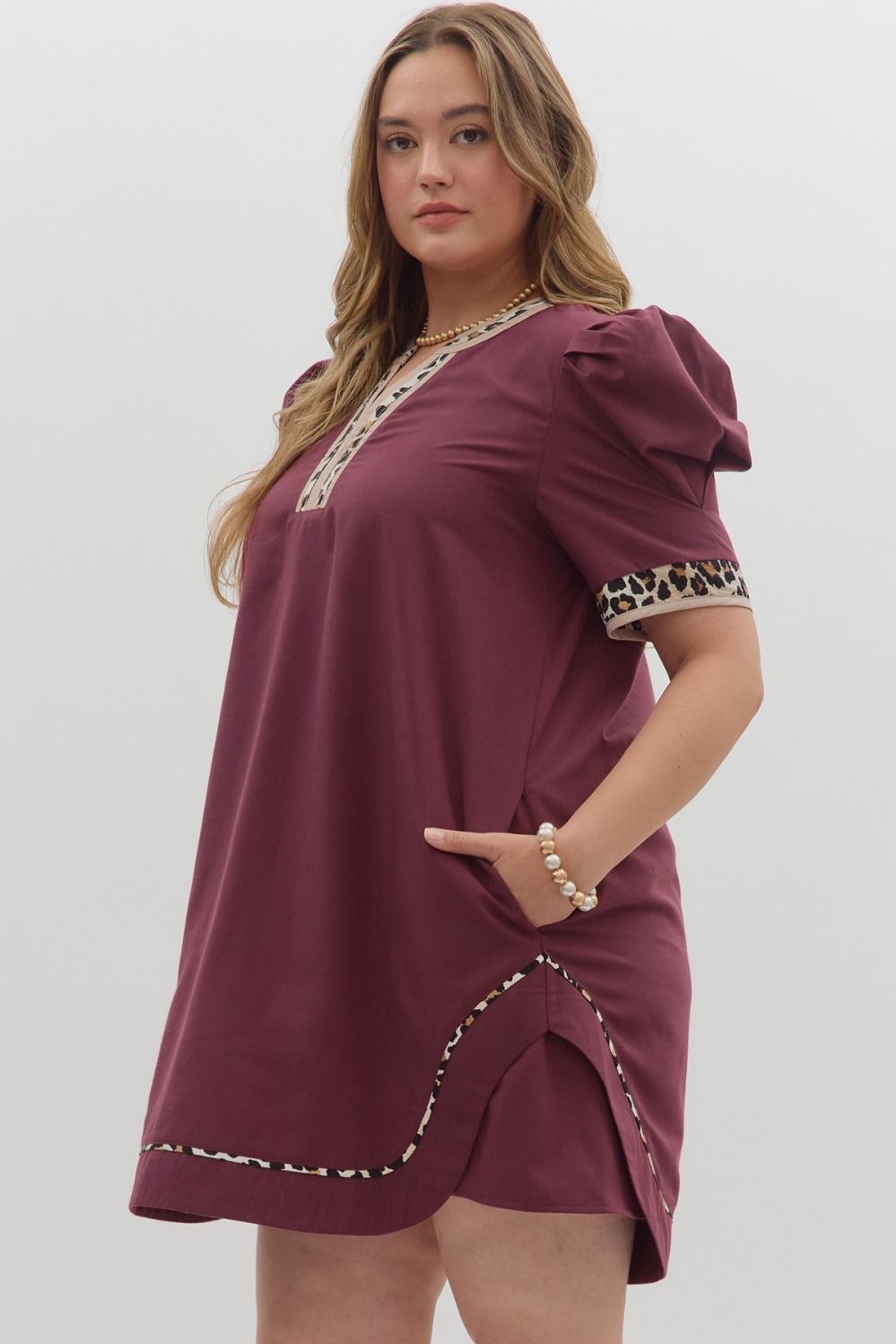 Solid Pleated Puff Sleeve Mini - Curvy