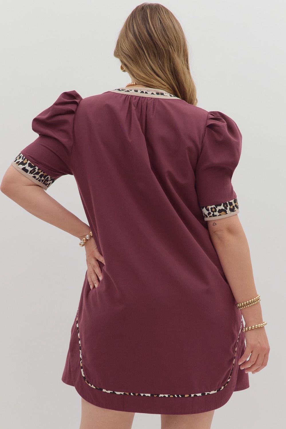 Solid Pleated Puff Sleeve Mini - Curvy