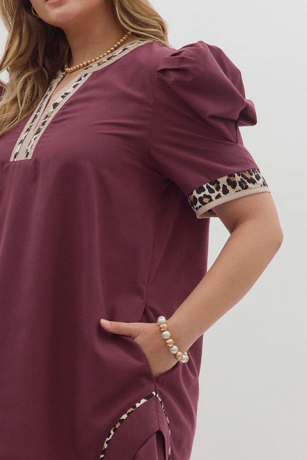 Solid Pleated Puff Sleeve Mini - Curvy
