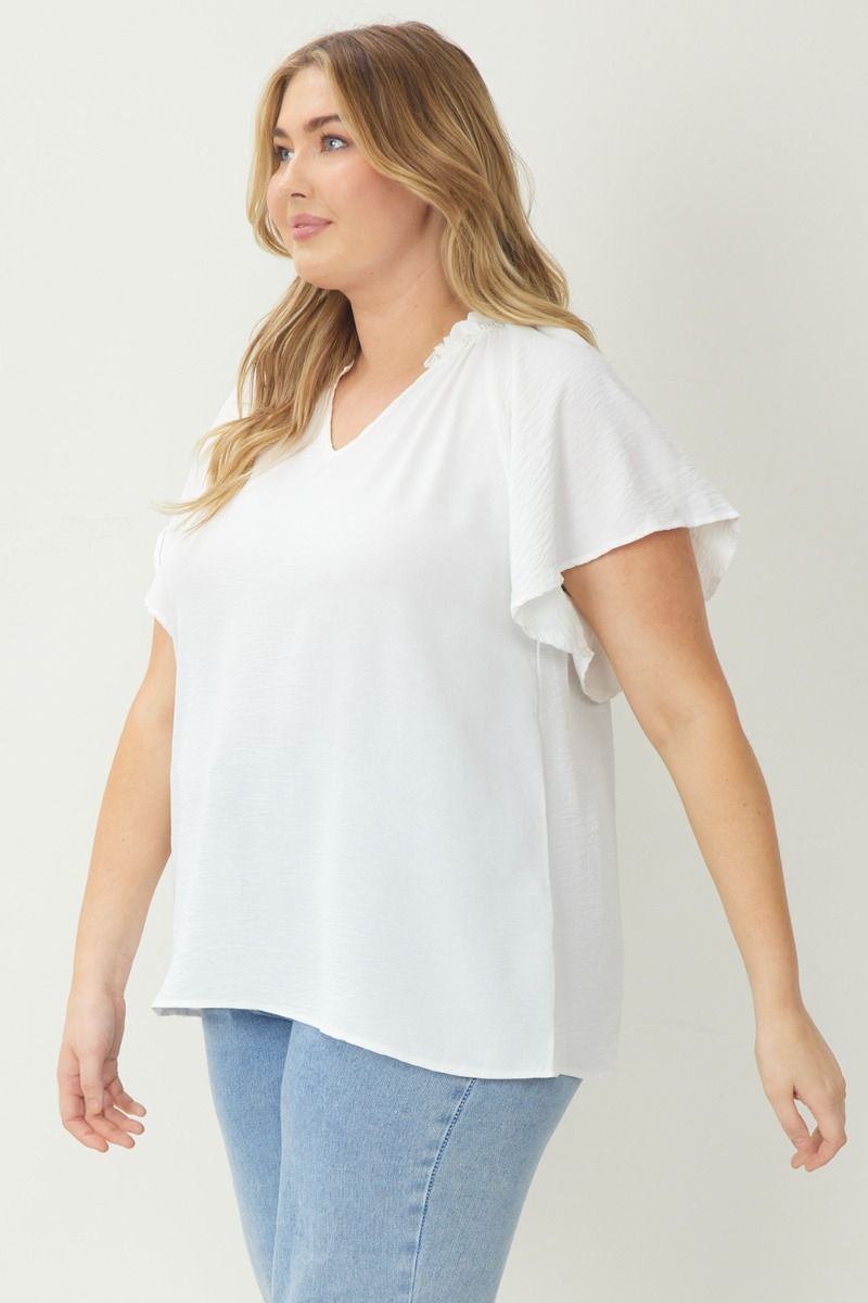 Solid V Neck Flutter Sleeve Top - Curvy