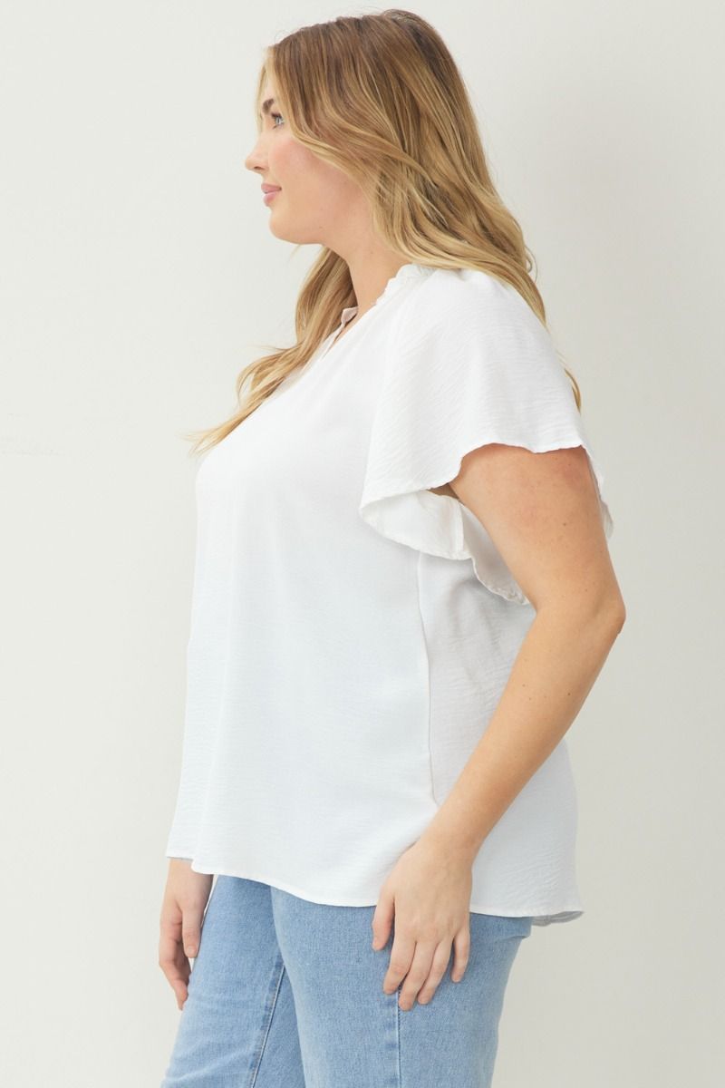 Solid V Neck Flutter Sleeve Top - Curvy