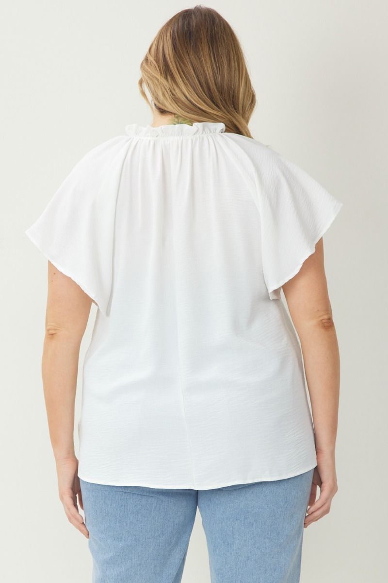 Solid V Neck Flutter Sleeve Top - Curvy