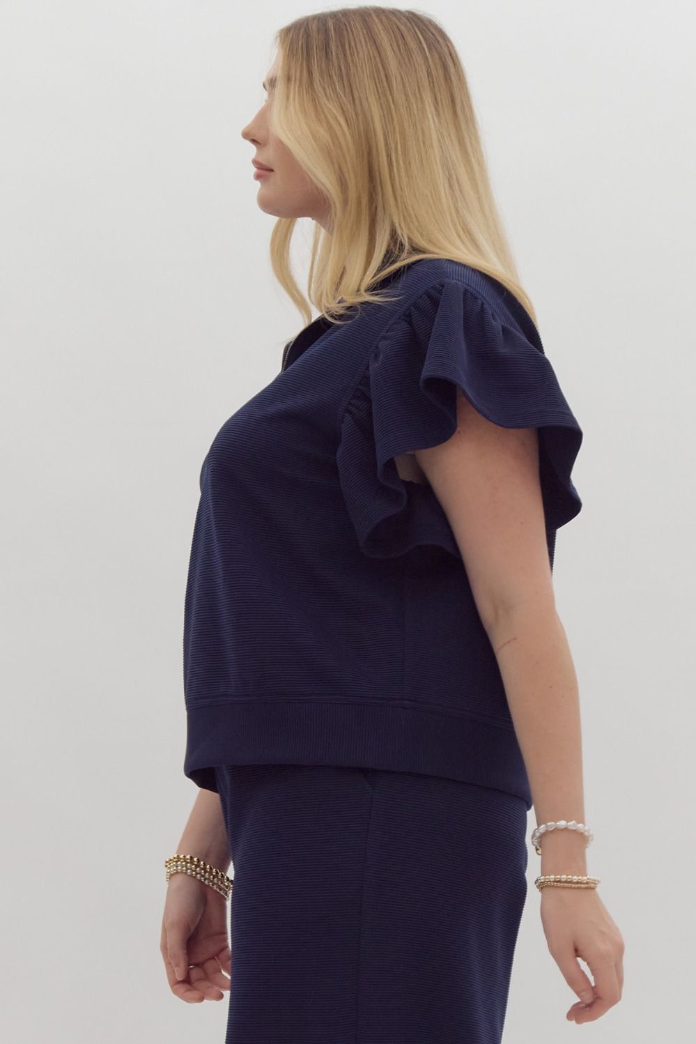 Textured Solid Ruffle Sleeve Top - Curvy