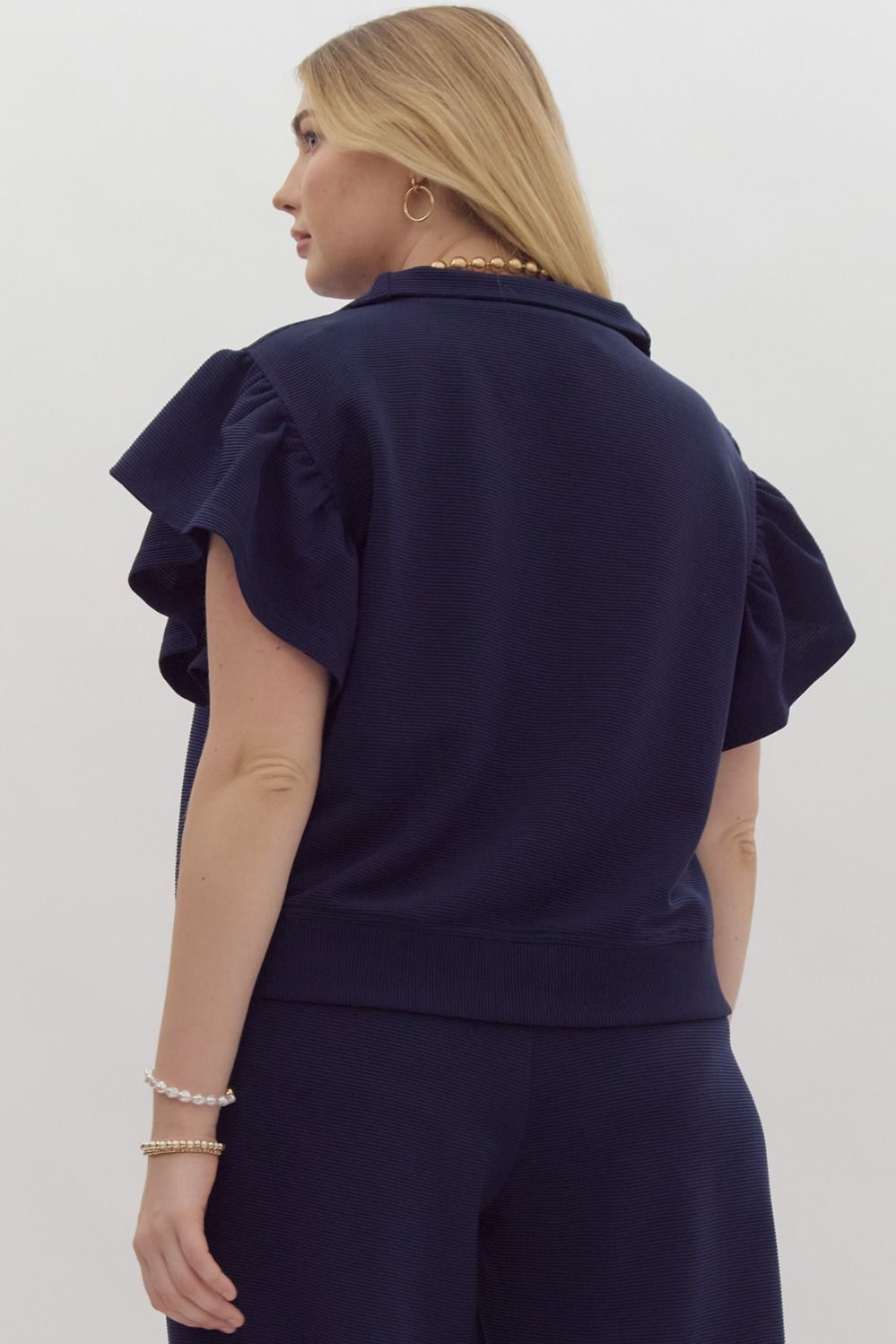 Textured Solid Ruffle Sleeve Top - Curvy