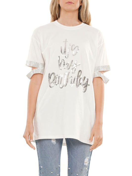 It's my Birthday Top with Gem Sleeve Trim