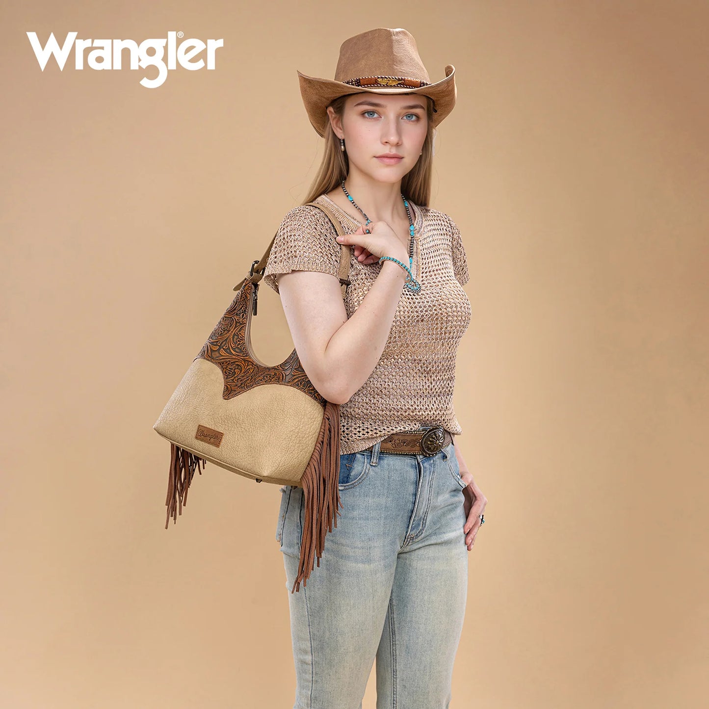 Wrangler Fringe Floral Tooled Hobo Bag - Brown -Tan