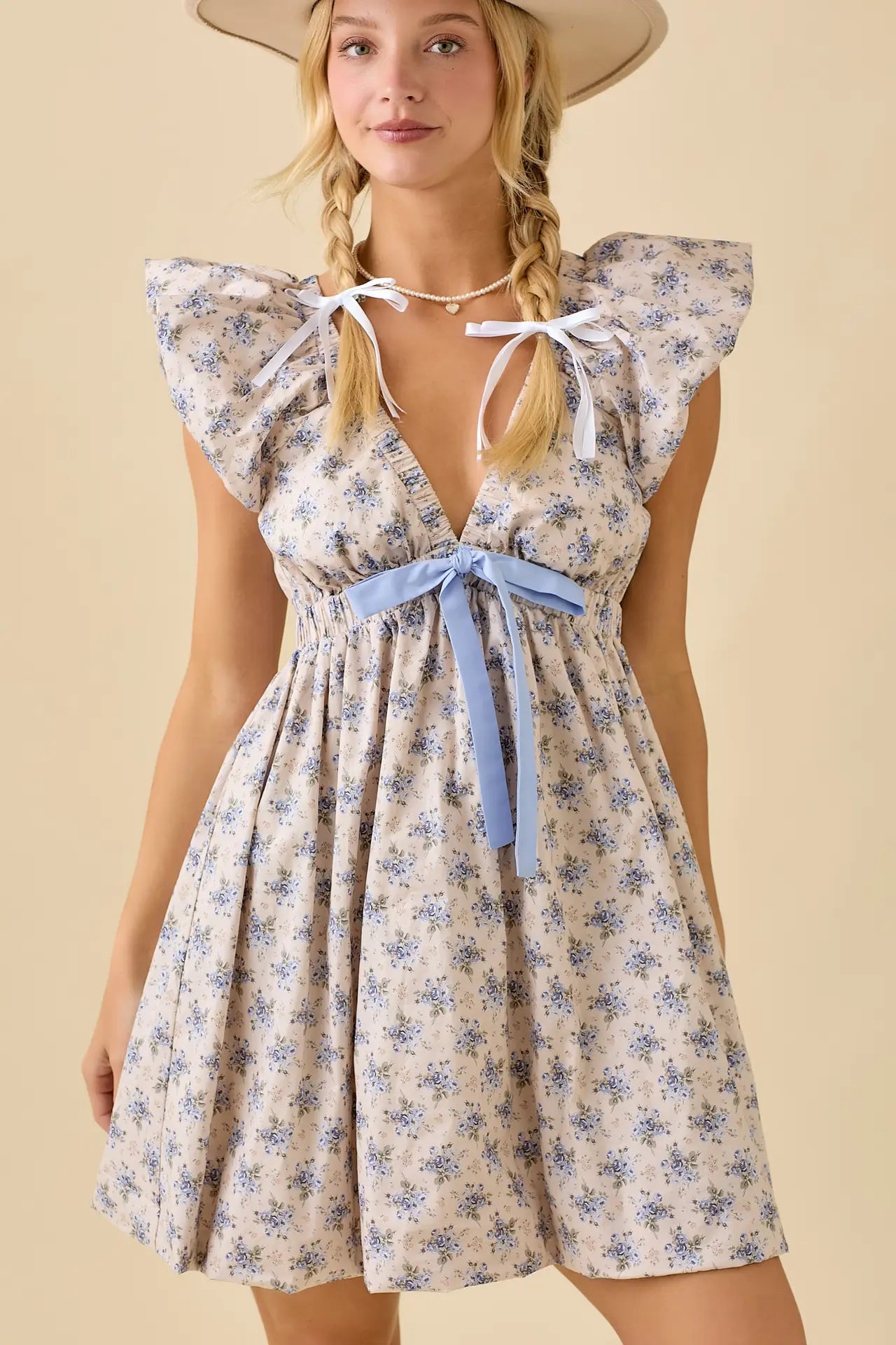Deep V-Neck Floral Mini Dress
