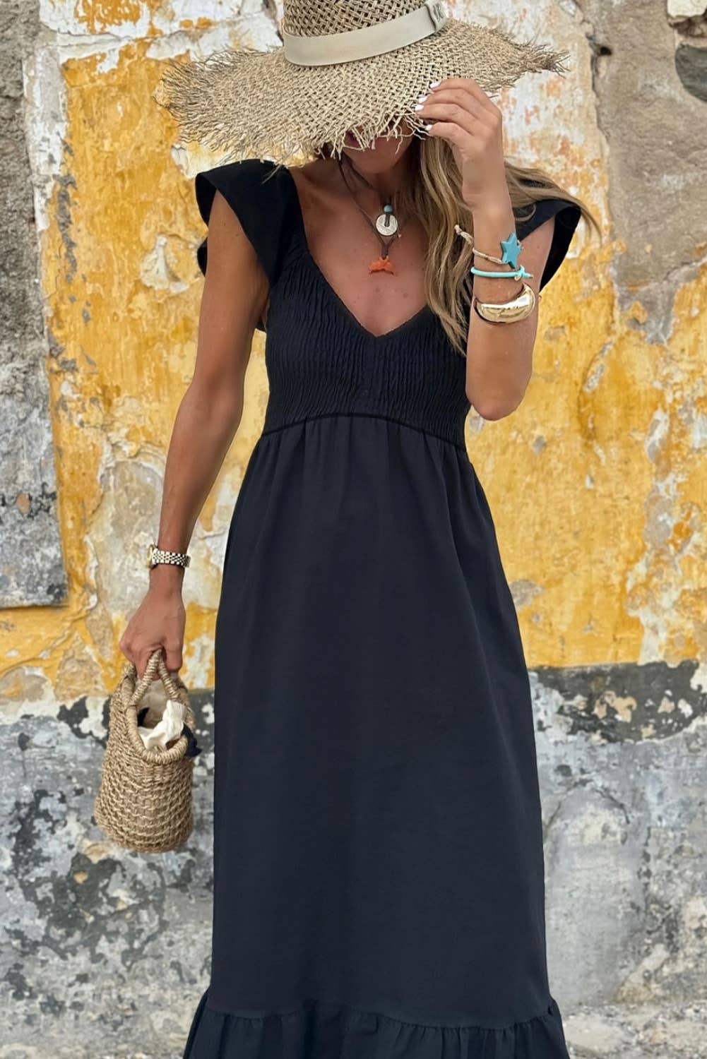 V Neck Flutter Sleeve Smocked Bodice Ruffle Maxi