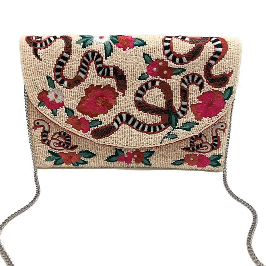 Cream Beaded Clutch with Floral and Snake Embroidery