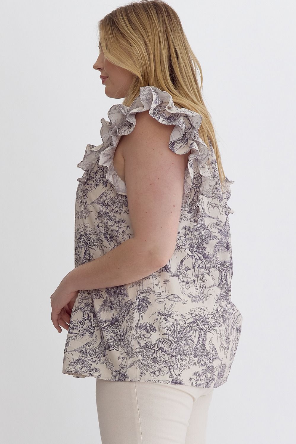 Plus Size Printed Ruffle Sleeve V Neck Top