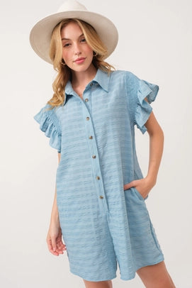 Textured Short Ruffle Sleeve Romper - Powder Blue