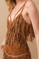 Faux Suede Stretch Tiered Studded Fringe Bodysuit