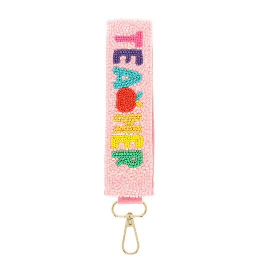 Teacher Long Strip Lettering Beaded Keychain - Pink