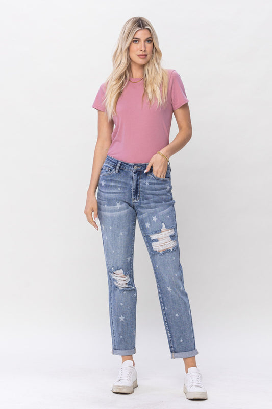 JUDY BLUE Star Crossed Destroy & Roll Cuff Boyfriend Denim Jeans