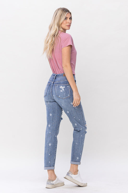 JUDY BLUE Star Crossed Destroy & Roll Cuff Boyfriend Denim Jeans