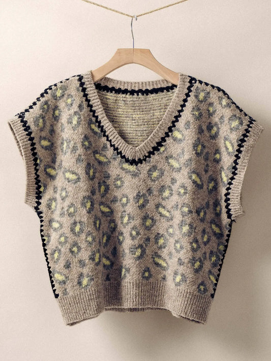 Leopard Crochet Trim Sweater Vest