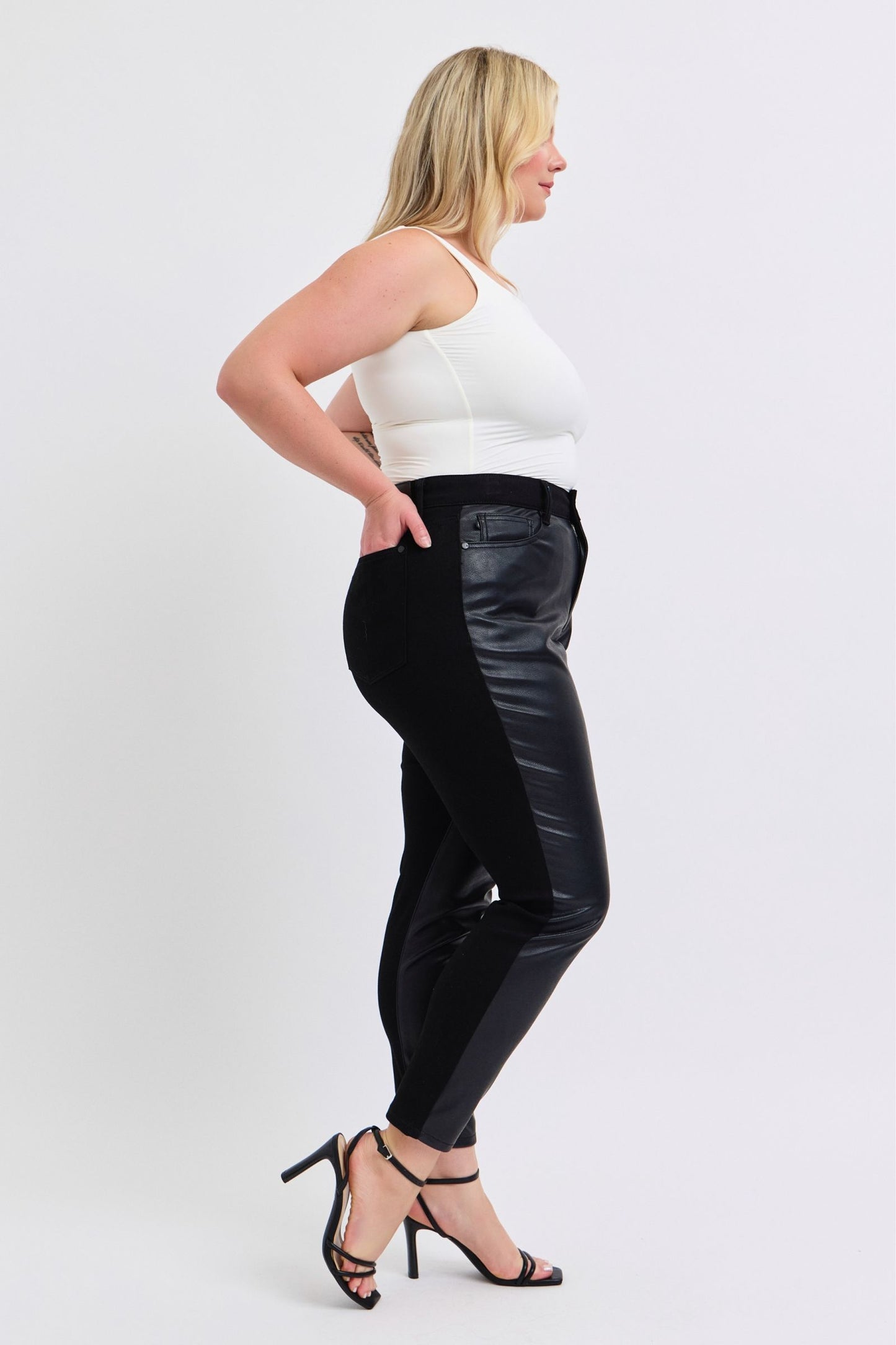 Plus Size HW Faux Leather & Denim Skinny - 88810PL