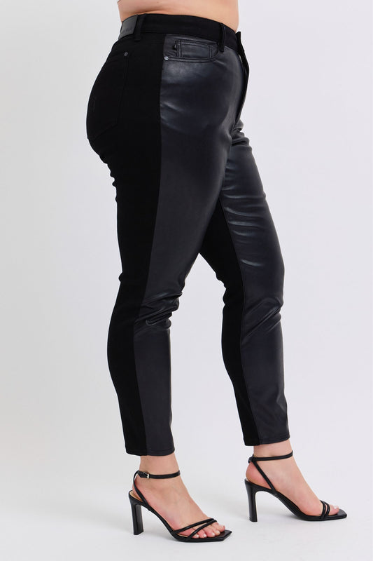 Plus Size Judy Blue HW Faux Leather & Denim Skinny - 88810PL