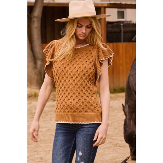 Solid Cable Knit Short Sleeve Sweater - Camel