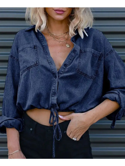 Denim Chambray Cropped Top - Navy- Dark Denim