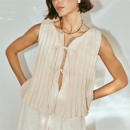 Pleated Bow Tie Front Sleeveless Top