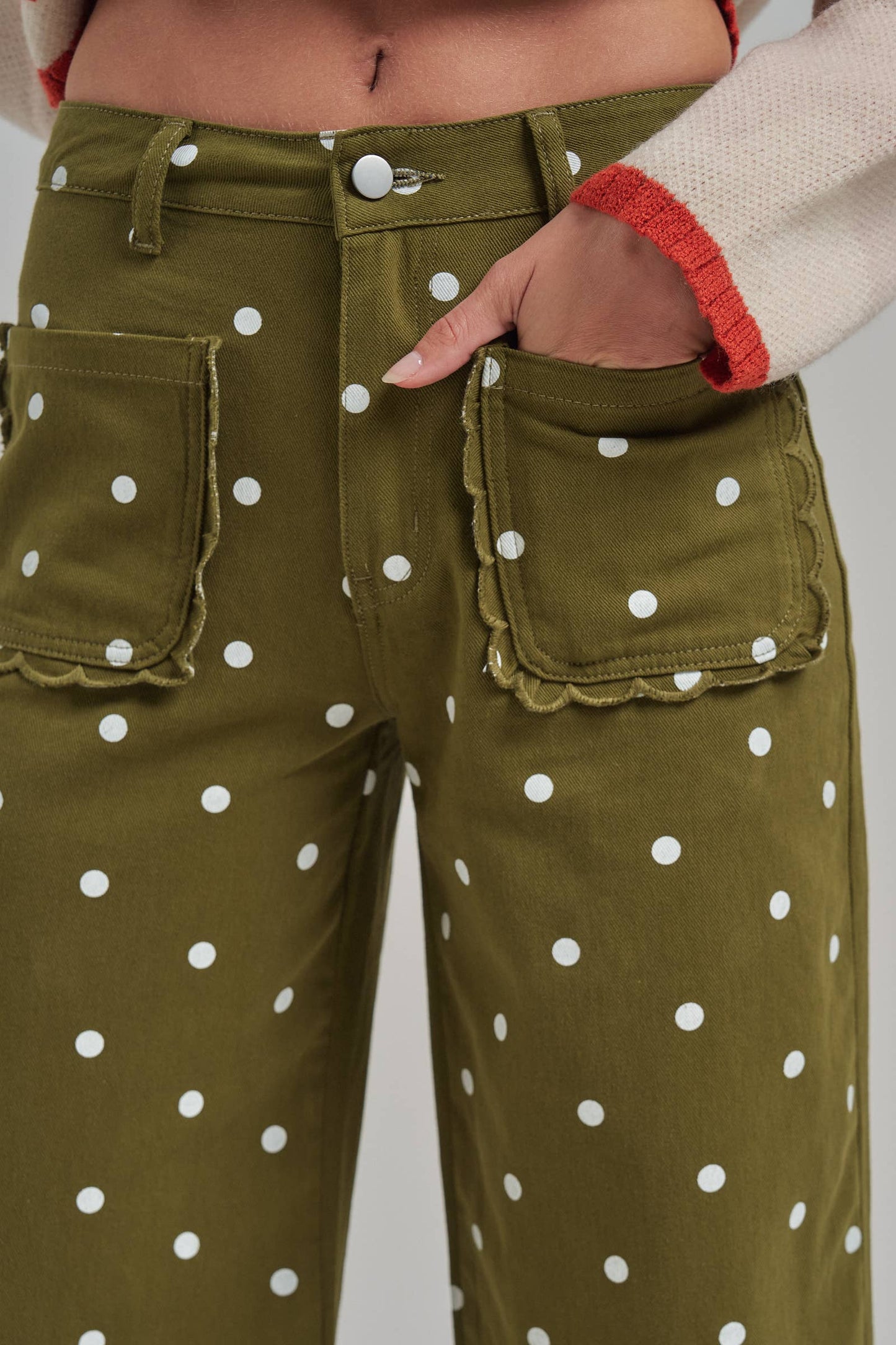 Mid Rise Polka Dot Wide Leg Pant - Olive