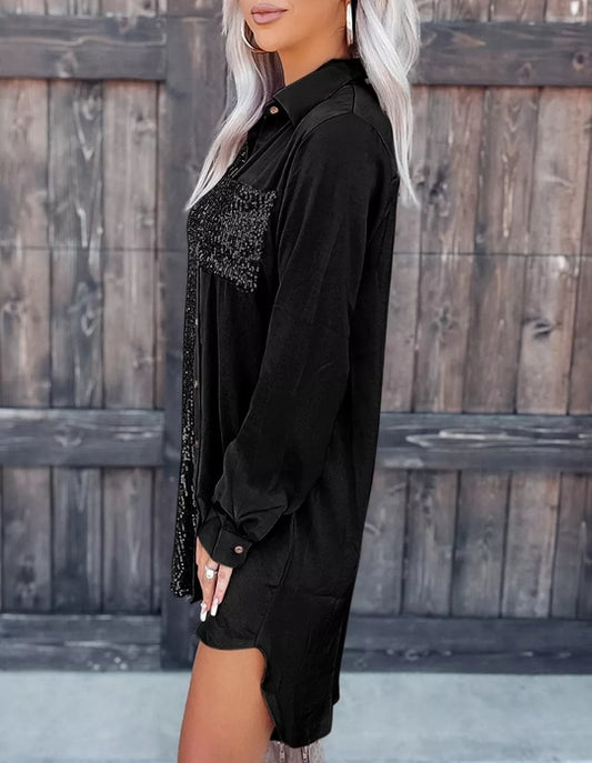 Black Sequin Pocket Button Up Dress