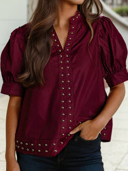 Rivet Embellished V Neck Short Puff Sleeve Blouse