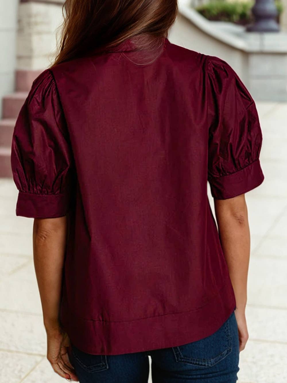 Rivet Embellished V Neck Short Puff Sleeve Blouse
