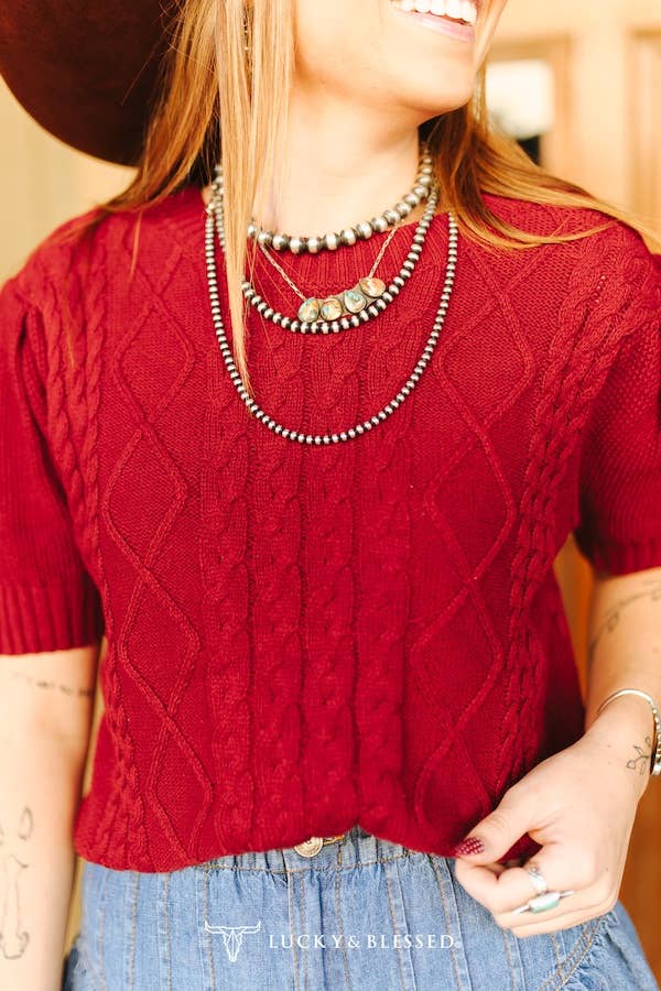 Curvy Cable Knit Puff Sleeve Sweater Top - L&B