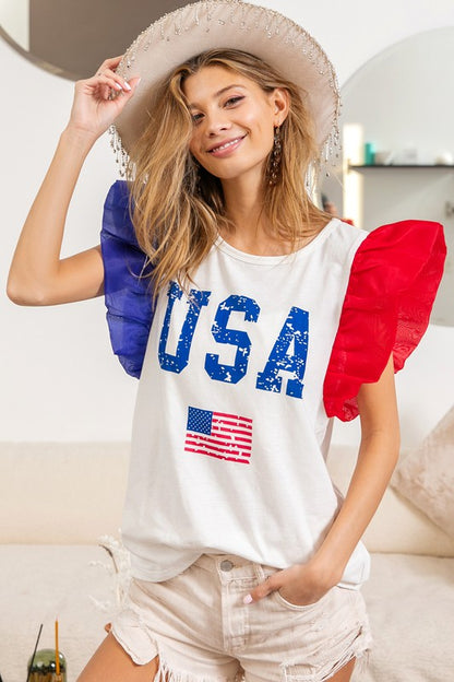 USA Theme Color Block Ruffle Sleeve Top