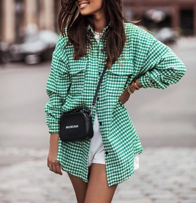 Houndstooth Check Shacket - Green