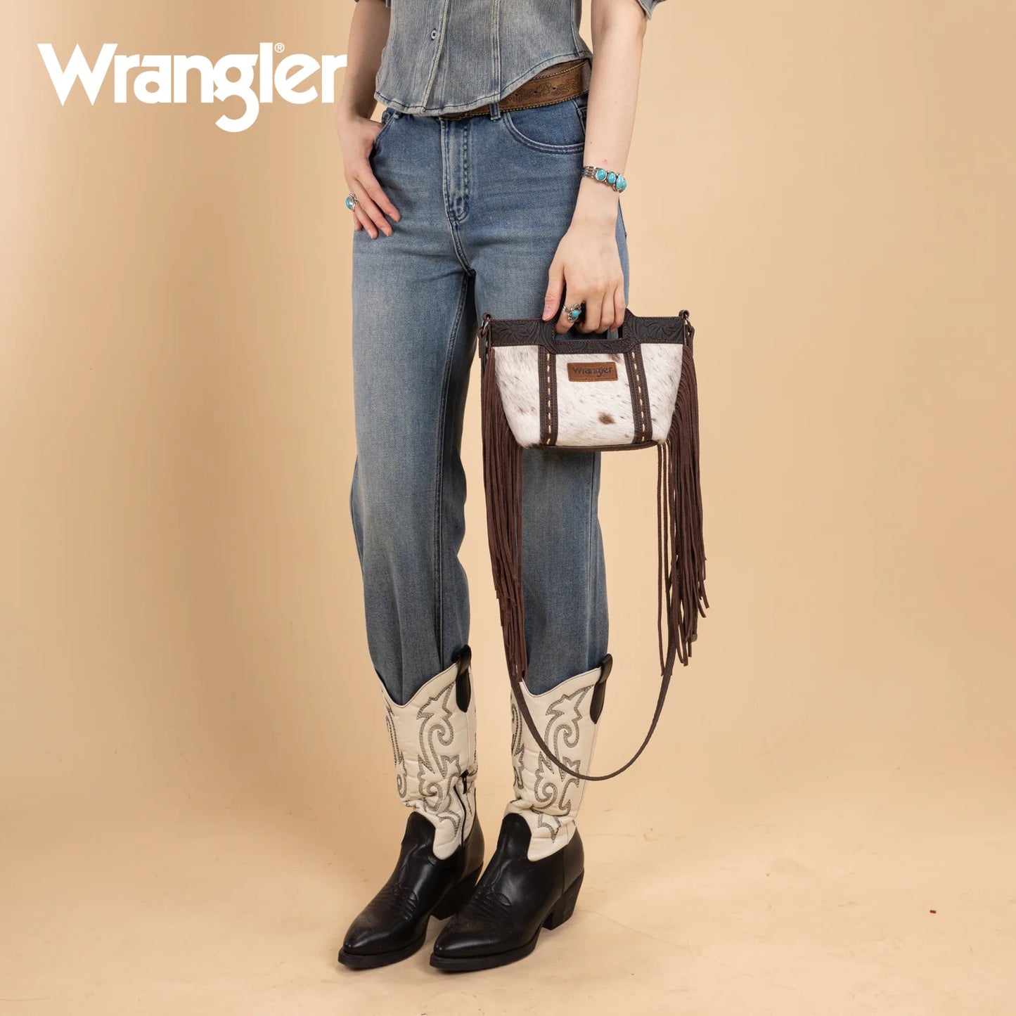Wrangler Genuine Cowhide Top Handle Fringe Crossbody
