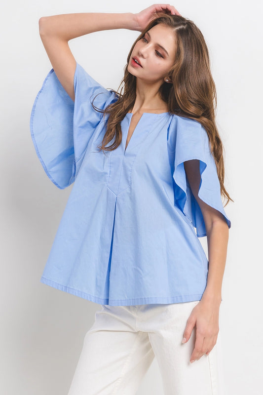 Solid Blue Flutter Sleeve Split Neck Top