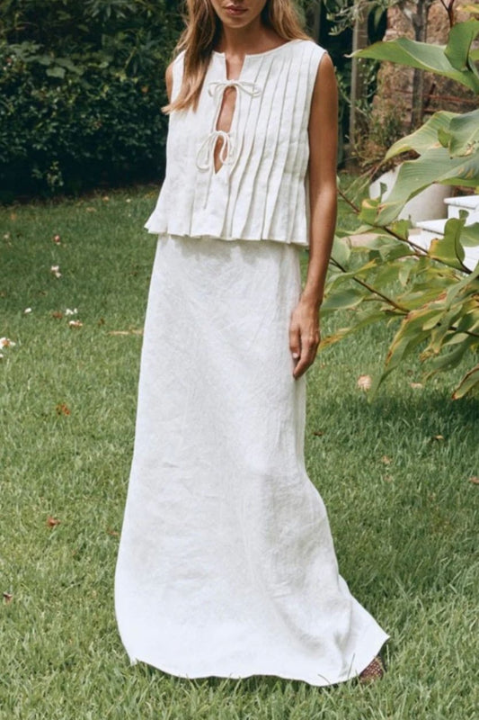 Pleated Bow Tie Front Sleeveless Top