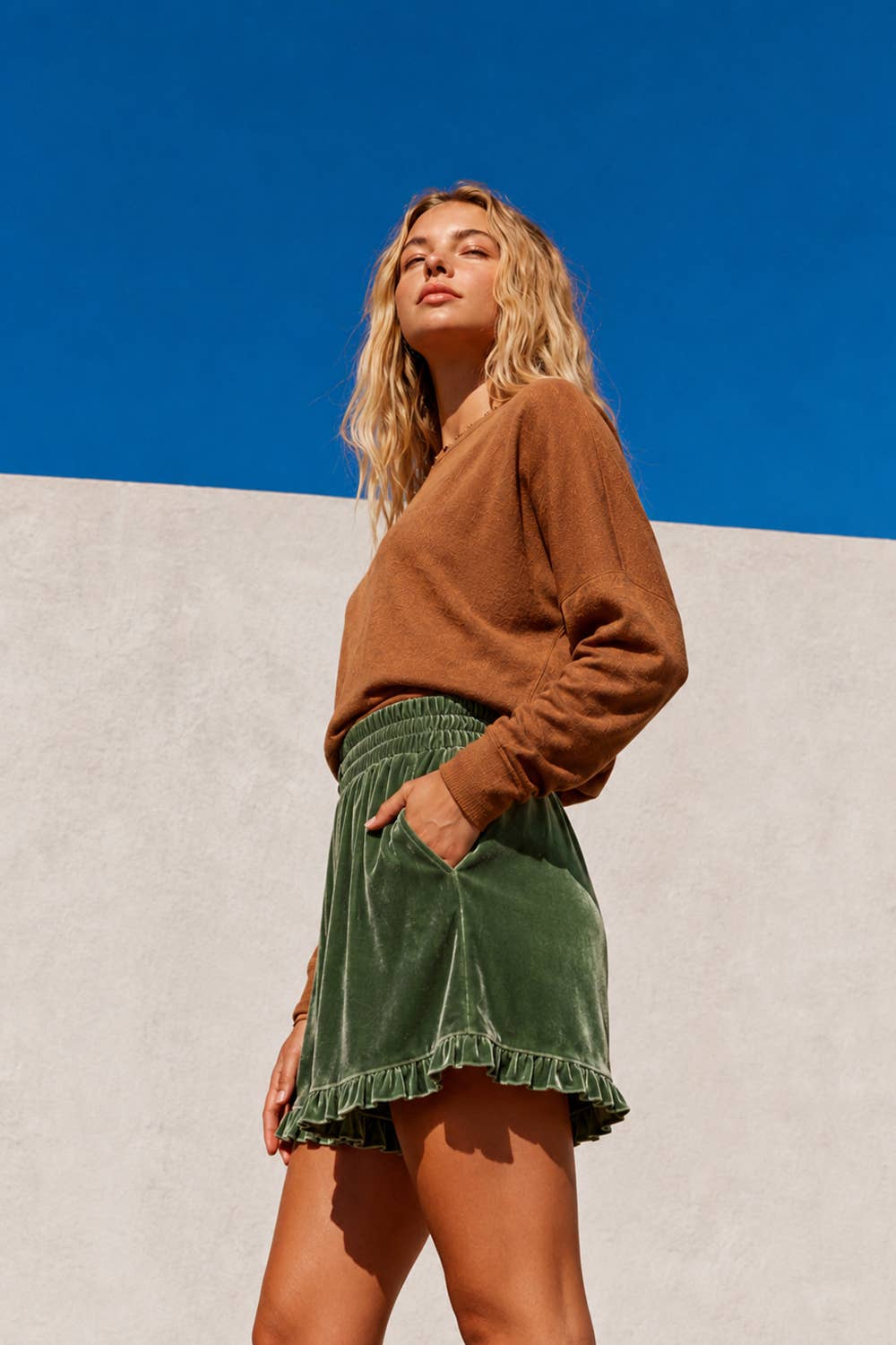High-Waist Ruffle Velour Shorts with Pockets