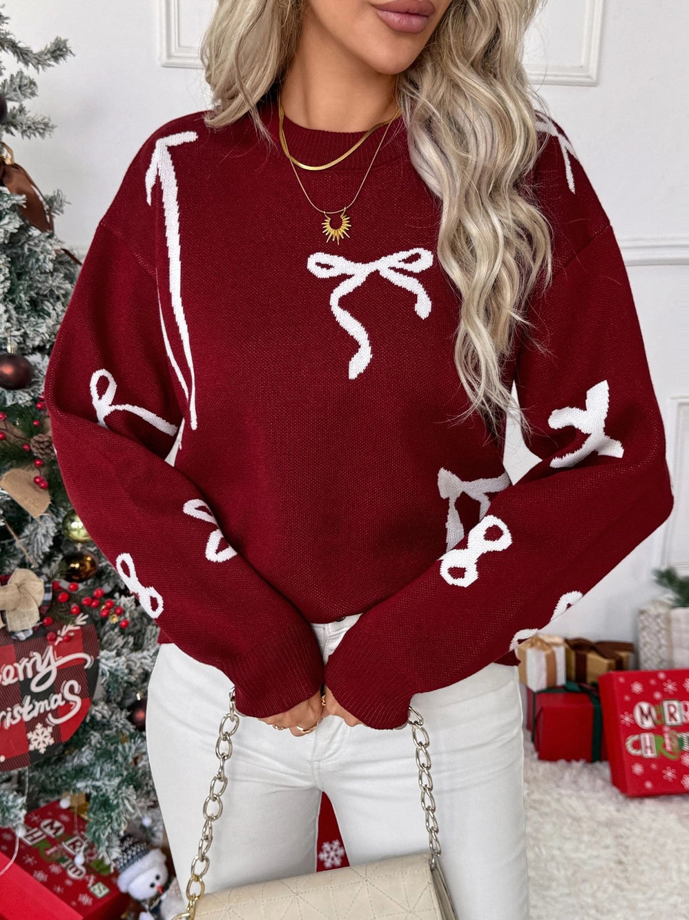 Christmas Sweet Bow Jacquard Sweater
