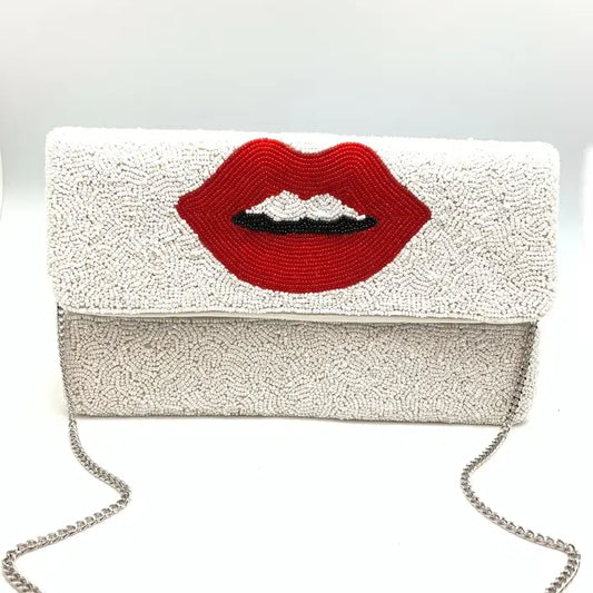 White Beaded Clutch with Red Lips