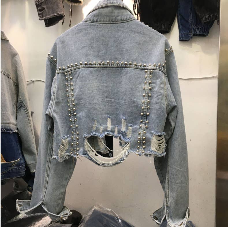 Distressed Studded Cropped Denim Jacket - Light Denim